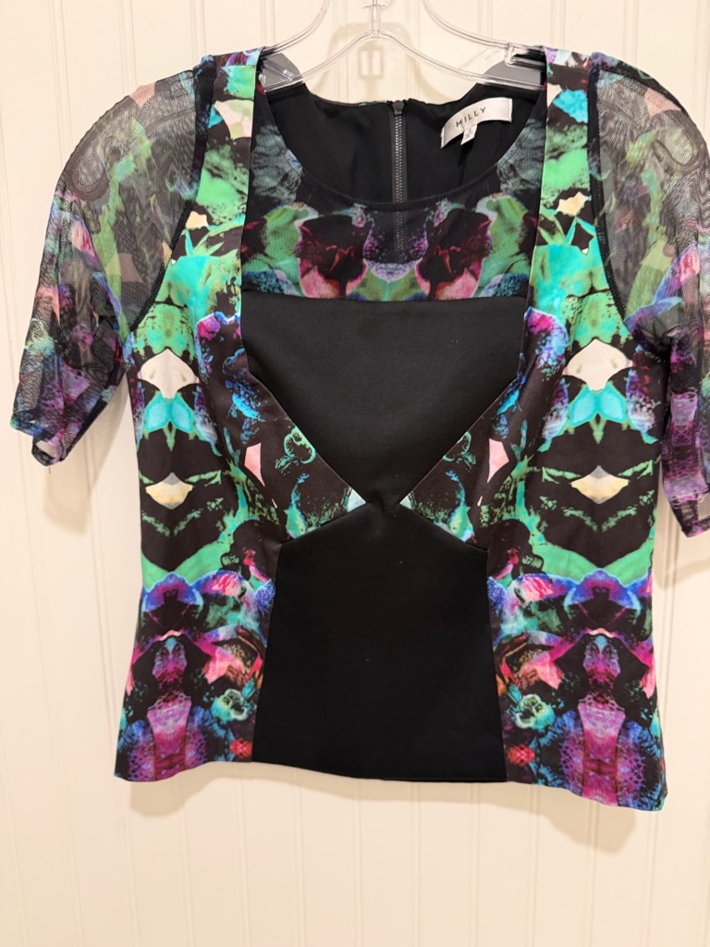 Milly Black Floral Cutout Mesh Top with Multi-Color Print